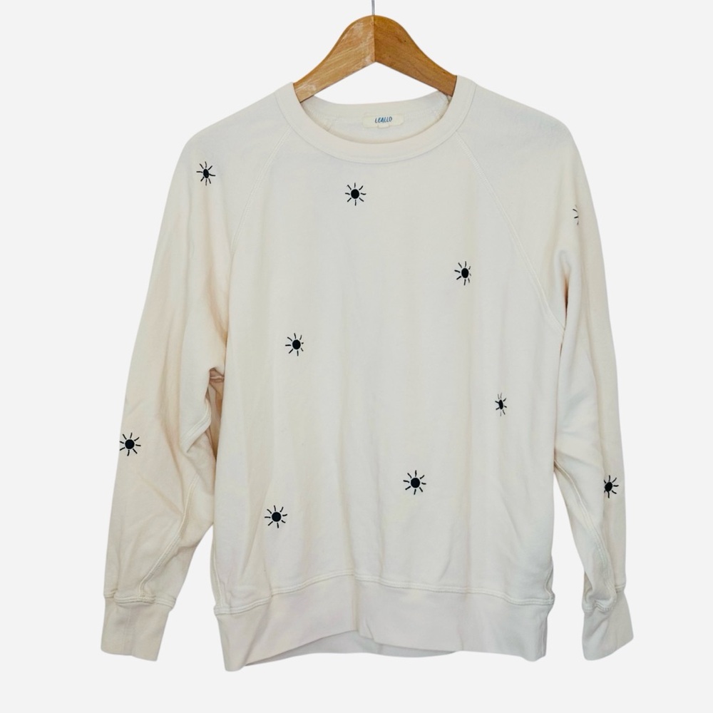 Leallo Embroidered Suns French Terry Sweatshirt Women's Large Cream Navy Cotton
